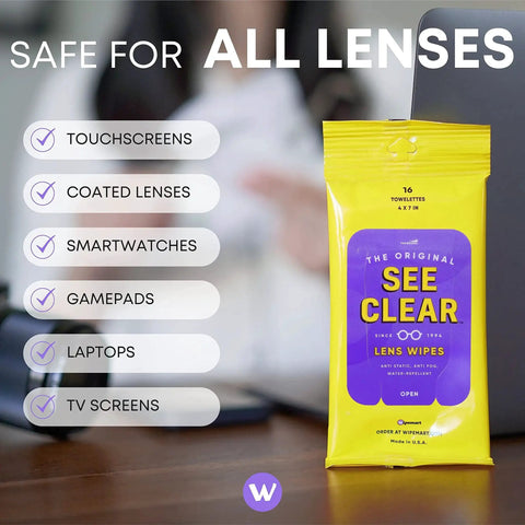 Lens Cleaning Wipes For Glasses And Screens Streak Free Scratch Free 192 Wipes package showing use for all lenses
