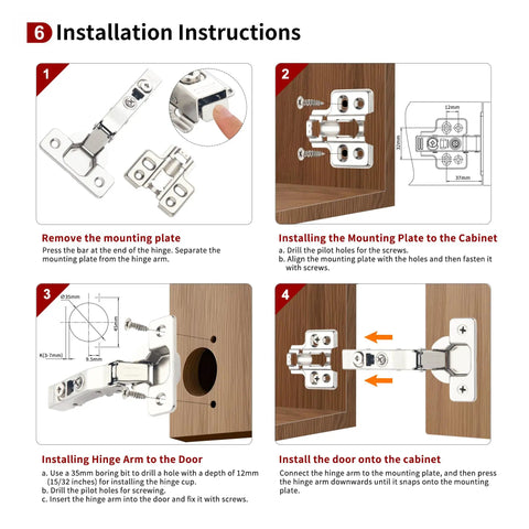 Installation guide for Two Pack Full Overlay Frameless Soft Close Concealed European Cabinet Hinges For Kitchen Doors Clip On 3 Way Adjustable 105 Degree Opening 35mm Cup Diameter 45mm Screw Hole Spacing Premium Quality Hardware.