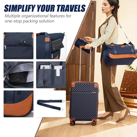 Woman with Five Piece Luggage Set With TSA Lock And Spinner Wheels For Travel Cosbarn Unisex Hardside ABS Suitcases in dark blue