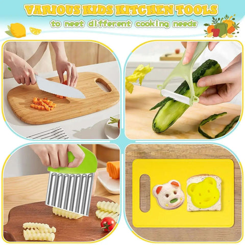 Montessori Toddler Knife Set With Real Cooking Tools For Kids, 15 Piece Kitchen Play Kit Including Plastic Serrated Knives, Wooden Knife, Crinkle Cutter, Cutting Boards, Aprons, Peeler, Bear Sandwich Cutter And Fruit Cutters By HAIMST.
