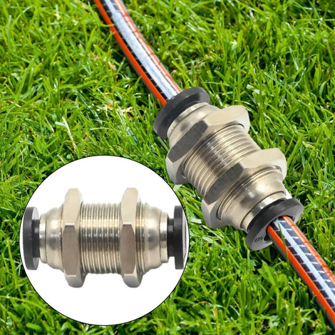 Bulkhead union fitting, 6mm–6mm tube OD, metal body, push-on connector for air and water