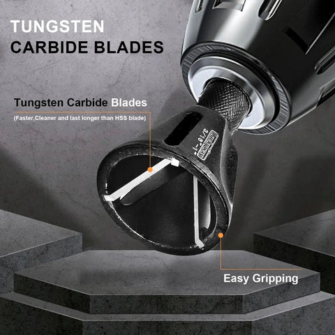 Close-up of Versatile External Chamfer Tool For Deburring And Edge Cleanup With Tungsten Carbide Blade Fits One Eighth To Three Quarters Inch Capacity