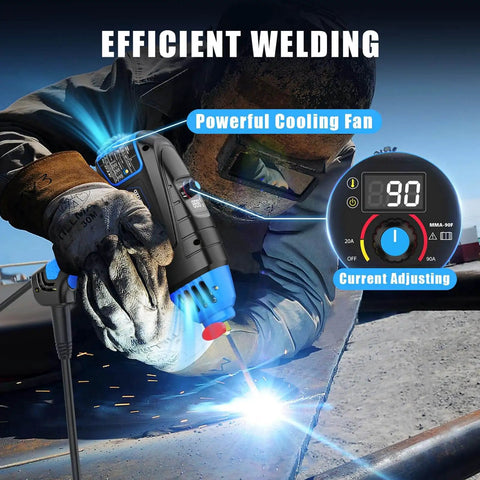 User welding metal with Portable Arc Welding Gun 110V 90A Stick Welder with IGBT Inverter, digital display indicating current settings.