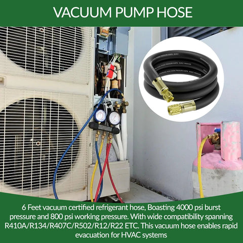 HV2 6ft HVAC vacuum hose, 3/8 in ID with 3/8–1/4 in fittings; 800 psi working, 4000 psi burst; Amazon brand