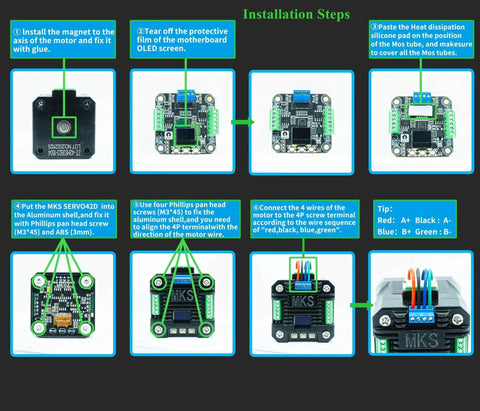Installation steps for Closed Loop Servo Driver For Nema 17 Stepper Motors With CAN Bus, featuring MKS SERVO42D setup guide.
