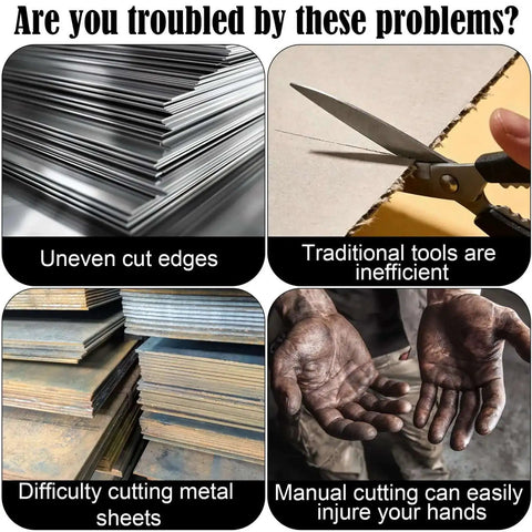 Collage of common metal cutting issues: uneven edges, inefficient tools, difficult sheet cutting, and hand injuries.