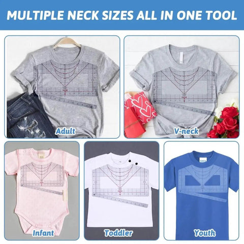 Clear T Shirt Ruler Guide For Vinyl Alignment And Heat Press Centering displayed on various shirt styles and sizes for DIY crafts.