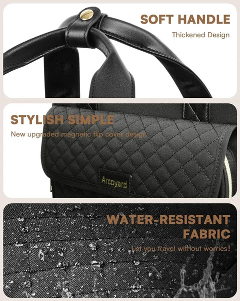 Close-up of black underseat carry on luggage detailing soft handle, stylish magnetic flip cover, and water-resistant fabric.