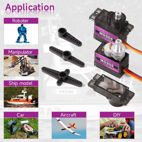 Applications of MG90S 9G Micro Servo Motor With Metal Gear For RC Cars Robots Helicopters Arduino Projects shown in various setups