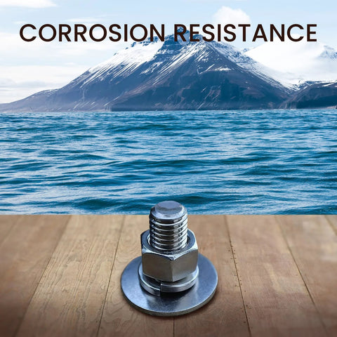 Stainless steel fender washer with bolt and nut on wooden surface.