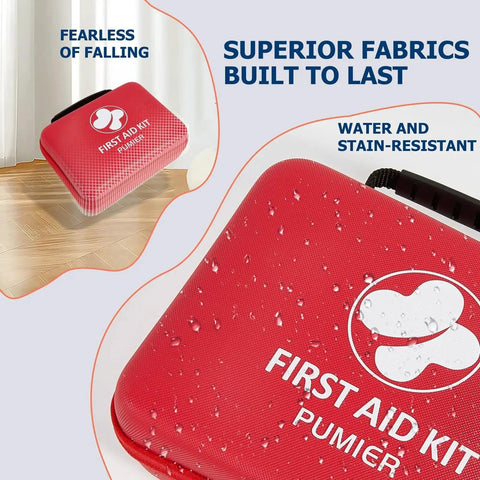Close-up of 368 Piece Waterproof First Aid Kit in red hard case, water-resistant, ideal for home, car, travel, and emergencies