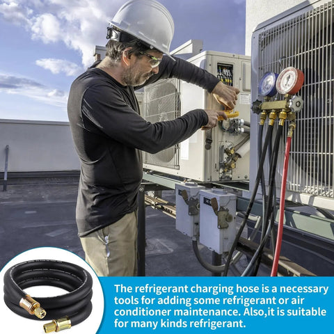 Technician using High Flow Half Inch ID Vacuum Refrigerant Hose For HVAC Systems Six Foot Long With Three Eighths To One Quarter Flare Fittings Vacuum Certified For AC And Refrigeration Burst Pressure 3200 PSI Working Pressure 640 PSI Black Boltigen on rooftop AC unit.