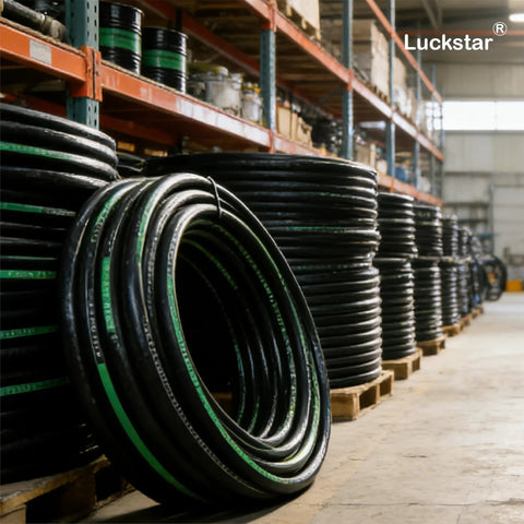 Hydraulic hose coils, black with green stripes, stacked on pallets in a warehouse; Luckstar branding visible.