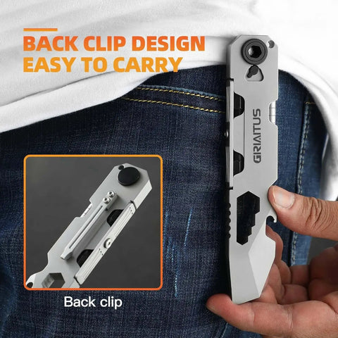 Everyday Carry Pry Bar Multitool With Bi Directional Ratchet Screwdriver And Everlasting Pen in a pocket with back clip detail
