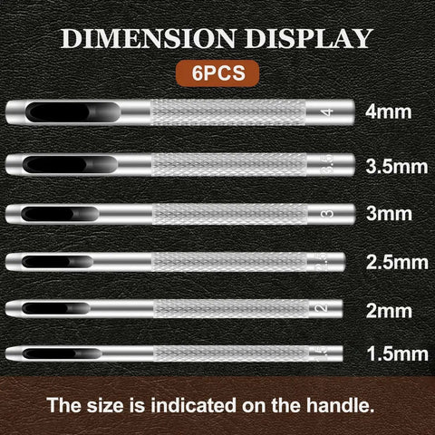 6 Piece Hollow Leather Hole Punch Set With 1.5mm To 4mm Sizes shown, carbon steel, for belts, felt, gaskets, leather crafts.
