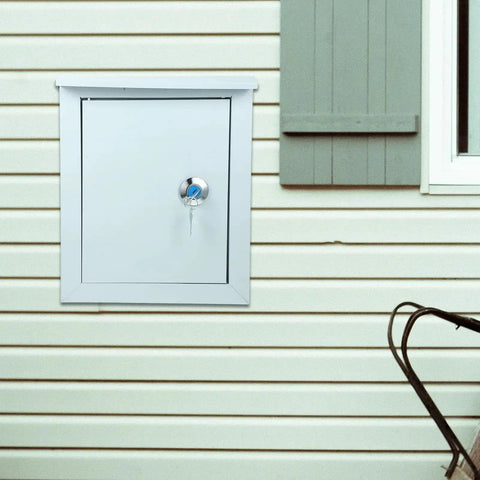 Tough As Nails Outdoor Waterproof Junction Box For Low Voltage Circuits, 250x300x160mm mounted on house wall.