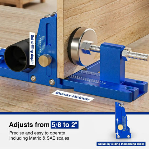 Pocket Hole Jig Kit For Five Eighths Inch To Two Inch Range, Adjustable Pocket Screw Jig System showing thickness measurement