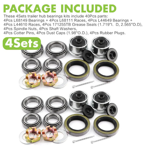 Complete Trailer Bearing Kit For 3500 Lbs Axles With Spindle 84 EZ Lube Four Sets Hub Kit With Dust Covers shown with components