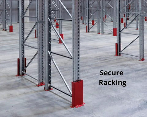 Warehouse racking system with metal beams and red guards on concrete floor, labeled 'Secure Racking'.