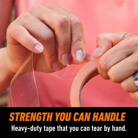 Close-up of hands tearing Crystal Clear Tape 1.88 Inch By 18 Yard Weather Resistant Indoor Outdoor from roll