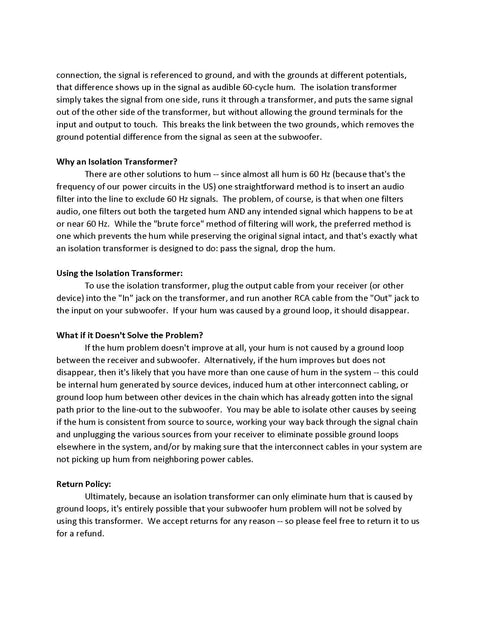 Document explaining the use and benefits of an audio isolation transformer for ground loop hum elimination.