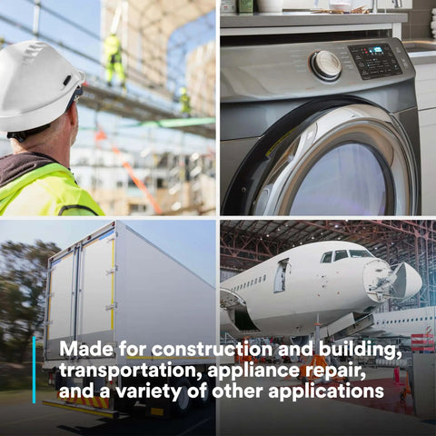 Collage showing construction, appliance repair, transportation, and aviation, illustrating uses for Urethane Adhesive DP620NS Black 48.5 mL Duo-Pak.