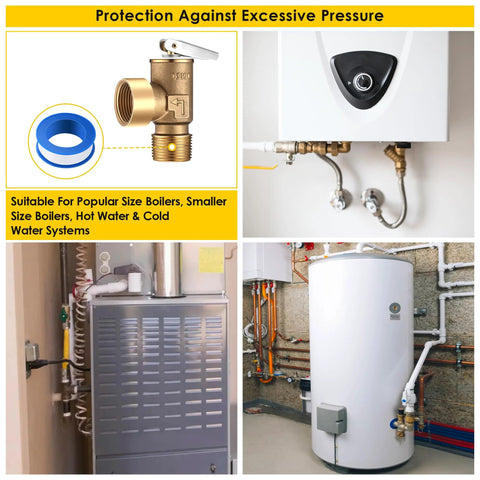 Gulfmew 30 PSI brass boiler relief valve with 3/4 NPT threads and PTFE tape, front view.
Gulfmew 30 PSI brass boiler relief valve installed on hot water system with copper piping.
Boiler relief valve area in utility room with furnace and exposed piping.
Water heater tank with copper piping and valves in a utility room.