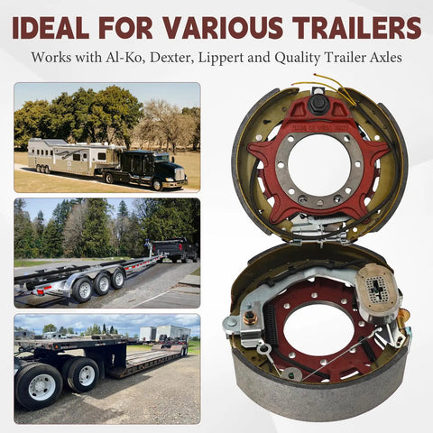 Electric trailer brake assembly pair for 9k–10k lb axles; close-up cross-section view with red backing plate and drum