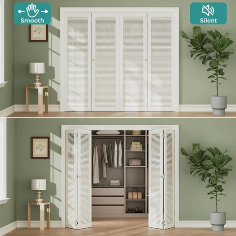 Bi-fold doors in bedroom closed and open with 12-Piece Bifold Door Hardware Kit For 1-Inch Track Replacement installed visibly.