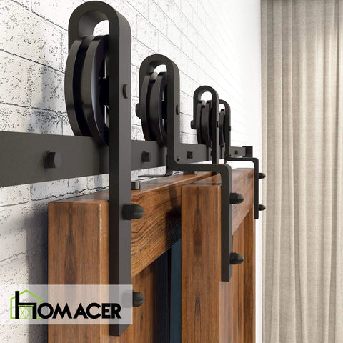 Black Rustic Bypass Sliding Barn Door Hardware Kit for Double Doors 6 Ft Flat Track With Spoke Wheel Rollers installed