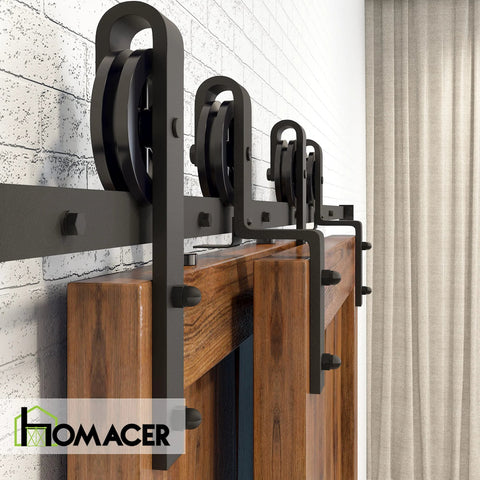 Black Rustic Bypass Sliding Barn Door Hardware Kit For Two Doors, 7 Feet Flat Track With Spoke Wheel Rollers on Door