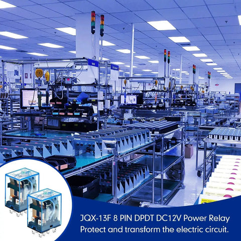 Four Pack DC 12V General Purpose Relays in factory setting, 8 Pin DPDT Electromagnetic Power Relay, 10A, for DIY electronics and industrial use