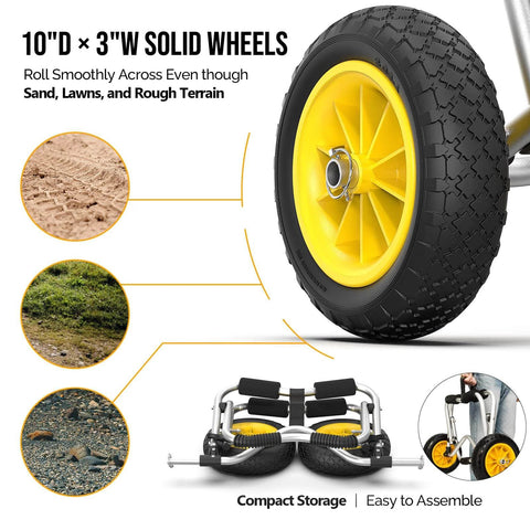 Solid airless tire of Go-To Universal Kayak Carrier Trolley For Kayaks Canoes Paddleboards Float Mats And Jon Boats With 200-Pound Capacity
