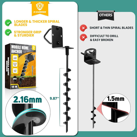 14 Inch Full Spiral Blade Mobile Home Ground Anchor Kit 4 Pack With Screw In Design L Shaped Brackets U Bolts And Power Nut Driver High Wind Heavy Duty Earth Anchors For Camping Tents And Swing Sets showcasing longer and thicker spiral blades, 9.87 inch twisted section, and components.