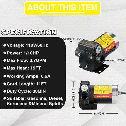 110V AC Self Priming Fuel Transfer Pump For Gasoline Diesel Kerosene With Reversible Pumping Switch High Efficiency 3.7 GPM