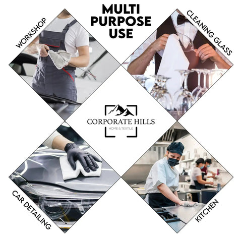 Photo collage showing uses for Pack Of 50 White 12 By 12 Inch Cotton Terry Cleaning Cloths For Auto Detailing, Painters, and General Cleaning
