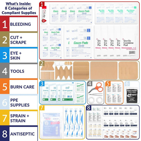 Complete First Aid Kit Refill Pack With Over 180 Essential Items For Small To Medium Boxes, featuring gauze, pads, and bandages.
