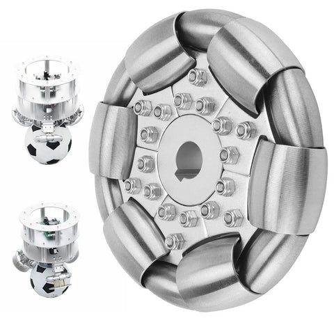 100mm Stainless Steel Omnidirectional Wheel for Robotics and Ball Balance Ballbots, featuring smooth lateral and sliding movement.