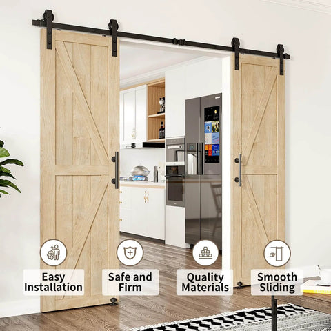 Heavy Duty Sliding Barn Door Hardware Kit For Double Doors 350 Lb Capacity Includes 2 Round Door Handles And 2 Floor Guides Fits 1 3 8 To 1 3 4 Inch Door Panels Black Finish Quiet And Stable installed in a kitchen doorway.
