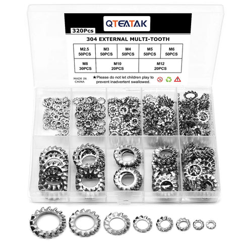 QTEATAK 320Pcs stainless external multi-tooth star lock washer set, 304 stainless steel, 8 sizes M2.5–M12 in plastic case