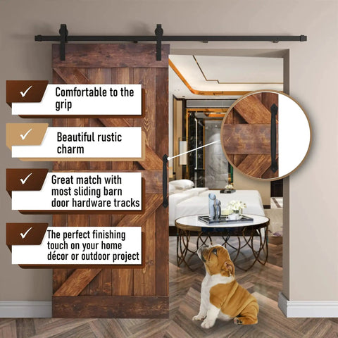 10 Inch Round Rustic Barn Door Handle In Black Steel Versatile Pull For Sliding Doors Gates Garages Sheds Fences Closets And Pantries Indoor And Outdoor Use With Easy Install Durable Black Powder Coated Finish For Weather Resistance And Smooth Operation installed on wooden barn door indoors with decorative room view