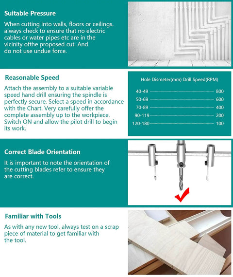 Instructions for using Adjustable Hole Saw Circle Cutter For Drywall Wood And Plaster, 1 3/16 To 11 3/4 Inches, Heavy Duty Drill Bit Tool