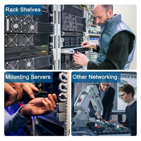 Technician installing network equipment in rack shelves and setting up servers, showcasing other networking tasks.