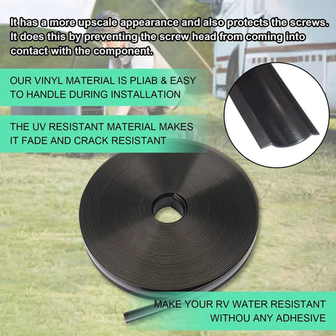 1 Inch Black Vinyl RV Exterior Trim Molding Screw Cover Roll for Boats Campers Travel Trailers and Recreational Vehicles