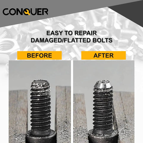 Before and after of bolt repaired using HSS Deburring External Chamfer Tool For Metal And PVC With Quick Release One Quarter Inch Hex Shank Deburring And Chamfering Bit For Stainless Steel Copper Aluminum And PVC Pipe One Eighth To Three Quarters Inch Range Three To Nineteen Millimeters CONQUER