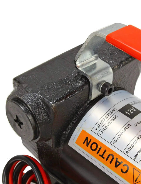 Close-up of 12V DC Portable Electric Fuel Transfer Pump For Diesel Kerosene And Oil showing handle and specifications label.