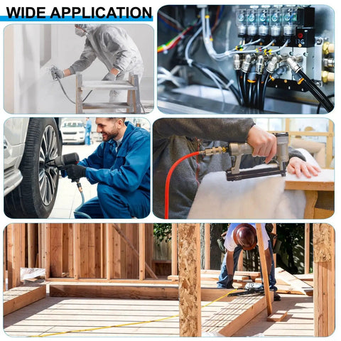 Pneumatic PU air tubing, 1/4 in OD (6 mm) and 4 mm ID, black; collage showing spray gun, tire inflator, and framing use.