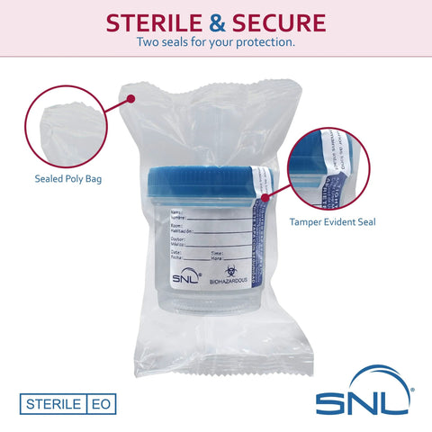 SNL sterile specimen cups, 3 oz (90 ml), blue screw-on lids with tamper-evident seal, 5 cups in sealed poly bag
