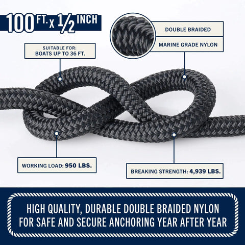 Premium Double Braided Nylon Boat Anchor Rope With Thimble, Heavy Duty Dock Line For Boats Up To 35 Ft, 100 Ft x 1/2 Inch