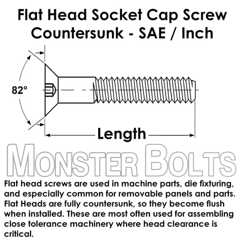 Diagram of Six-32 By One-And-One-Half Inch Flat Head Socket Cap Screw with 82 degree countersunk head and hex drive.